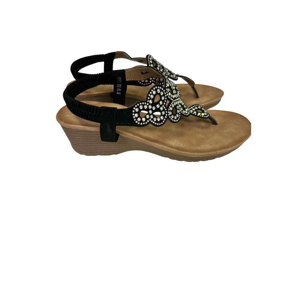 G.C. Shoes Madelyn Wedge Sandals Womens 8.5 Black Rhinestone T-Strap Thong